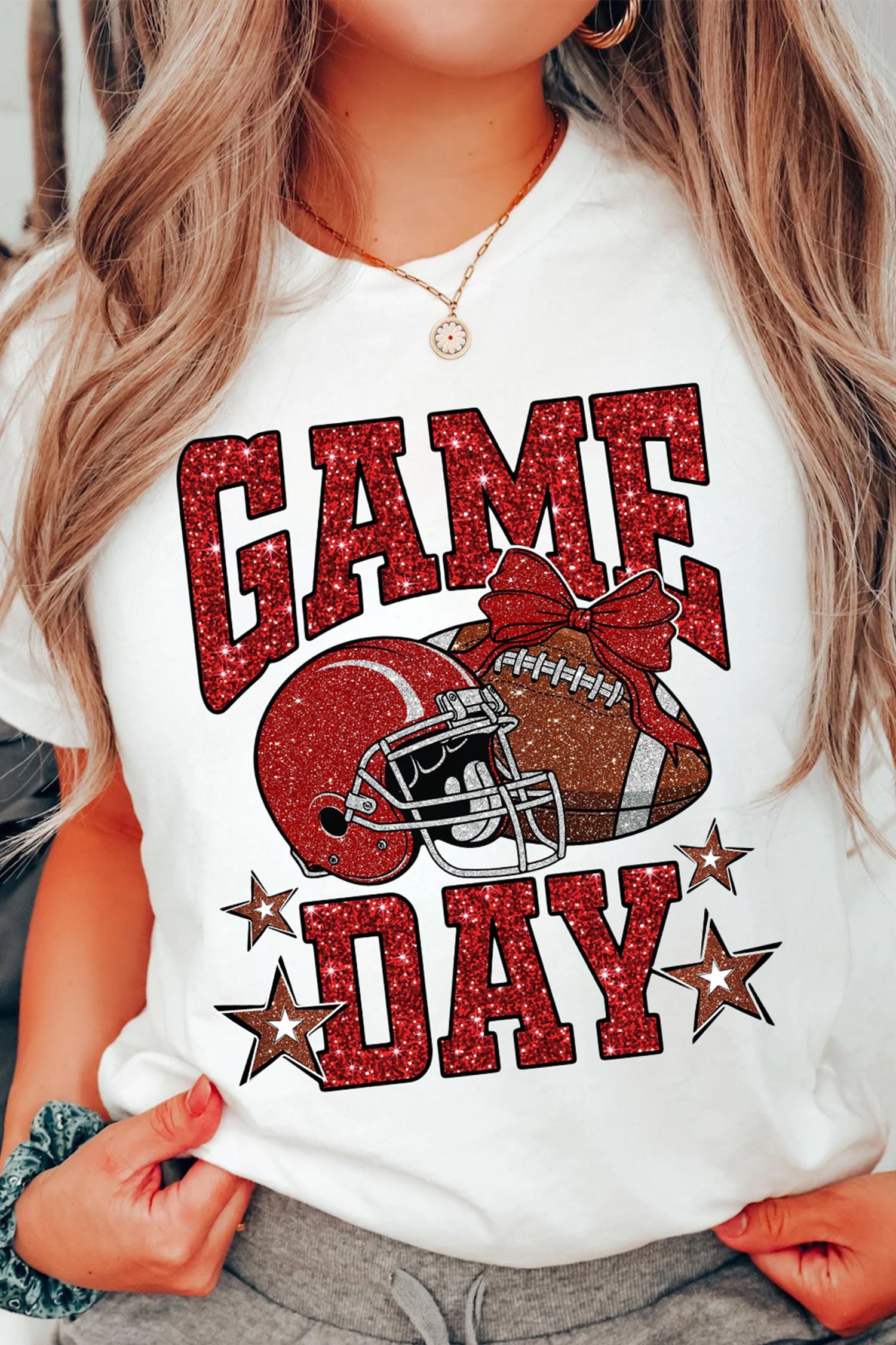 White Glitter GAME DAY Rugby Printed Short Sleeve Casual Tee