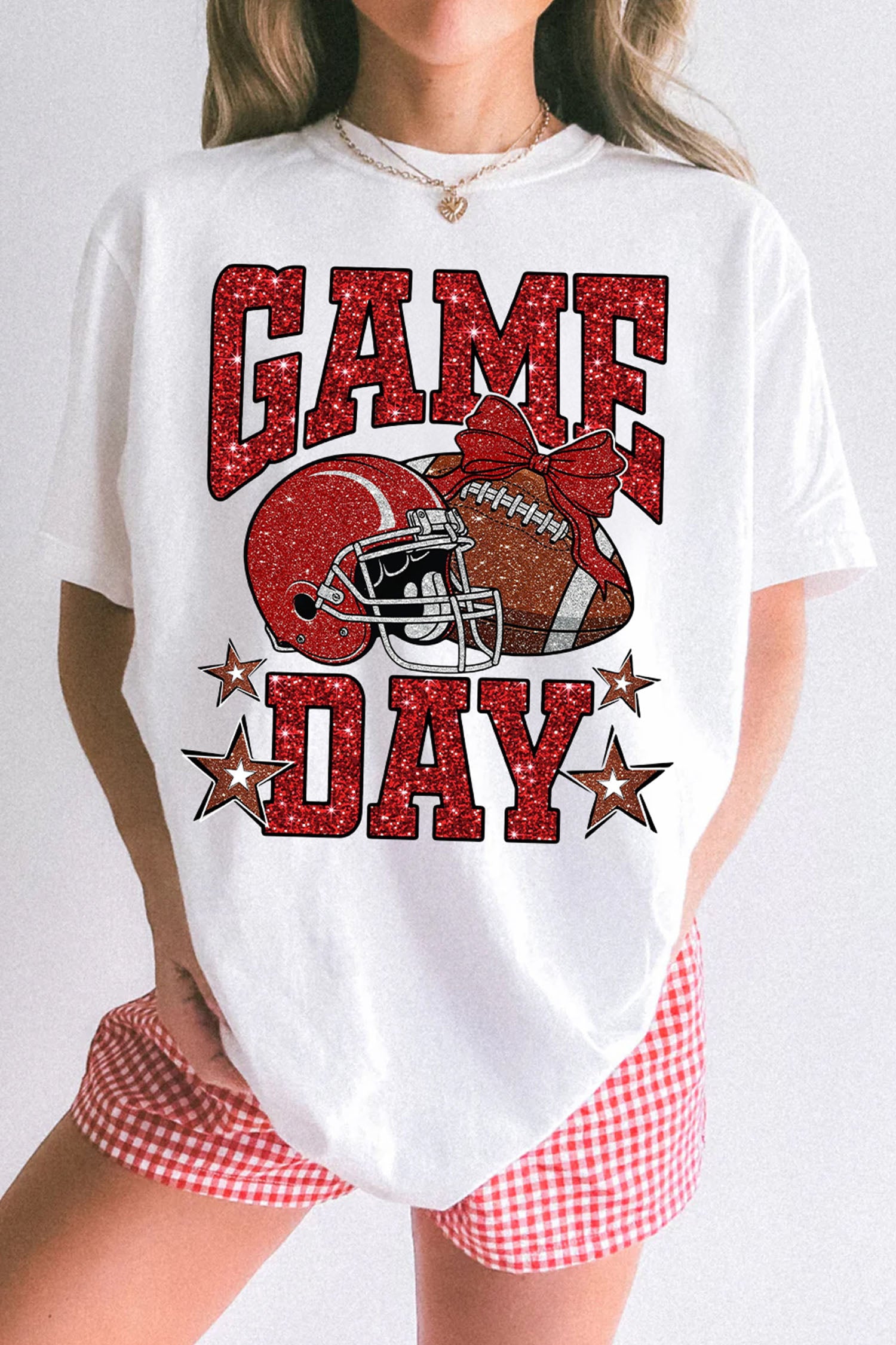 White Glitter GAME DAY Rugby Printed Short Sleeve Casual Tee