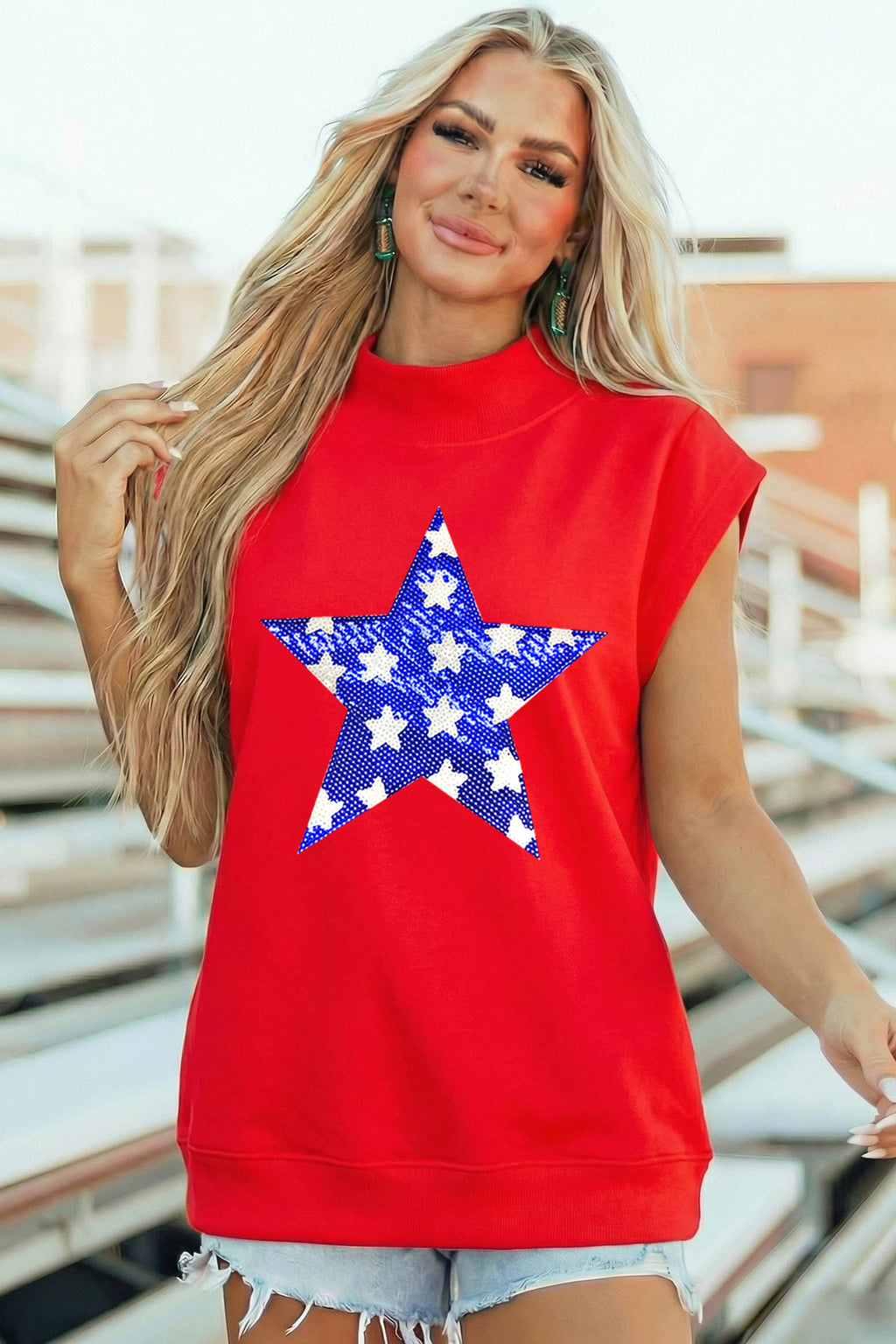Racing Red High Neck Sleeveless Star Print Casual Shift Tunic Top