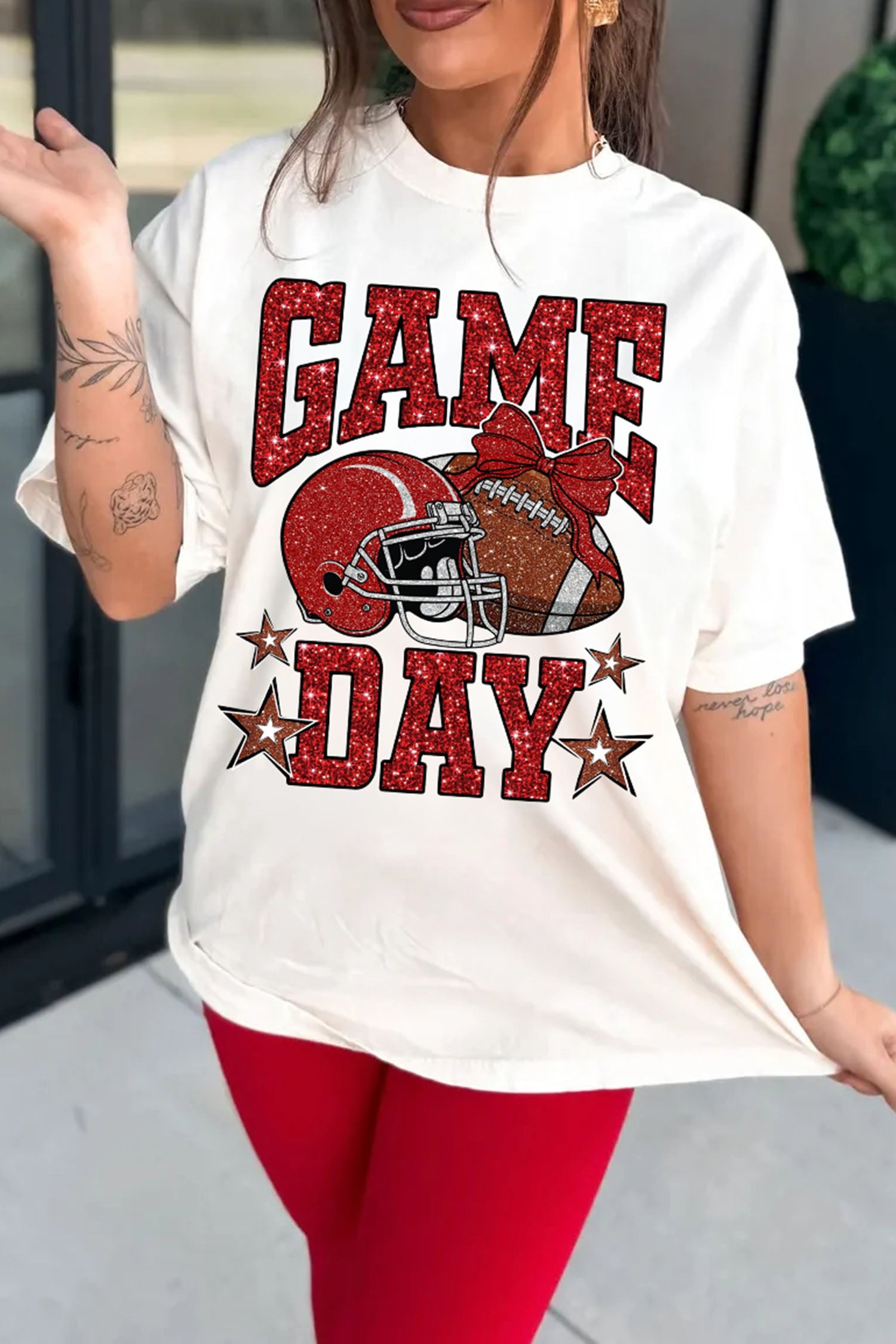 White Glitter GAME DAY Rugby Printed Short Sleeve Casual Tee