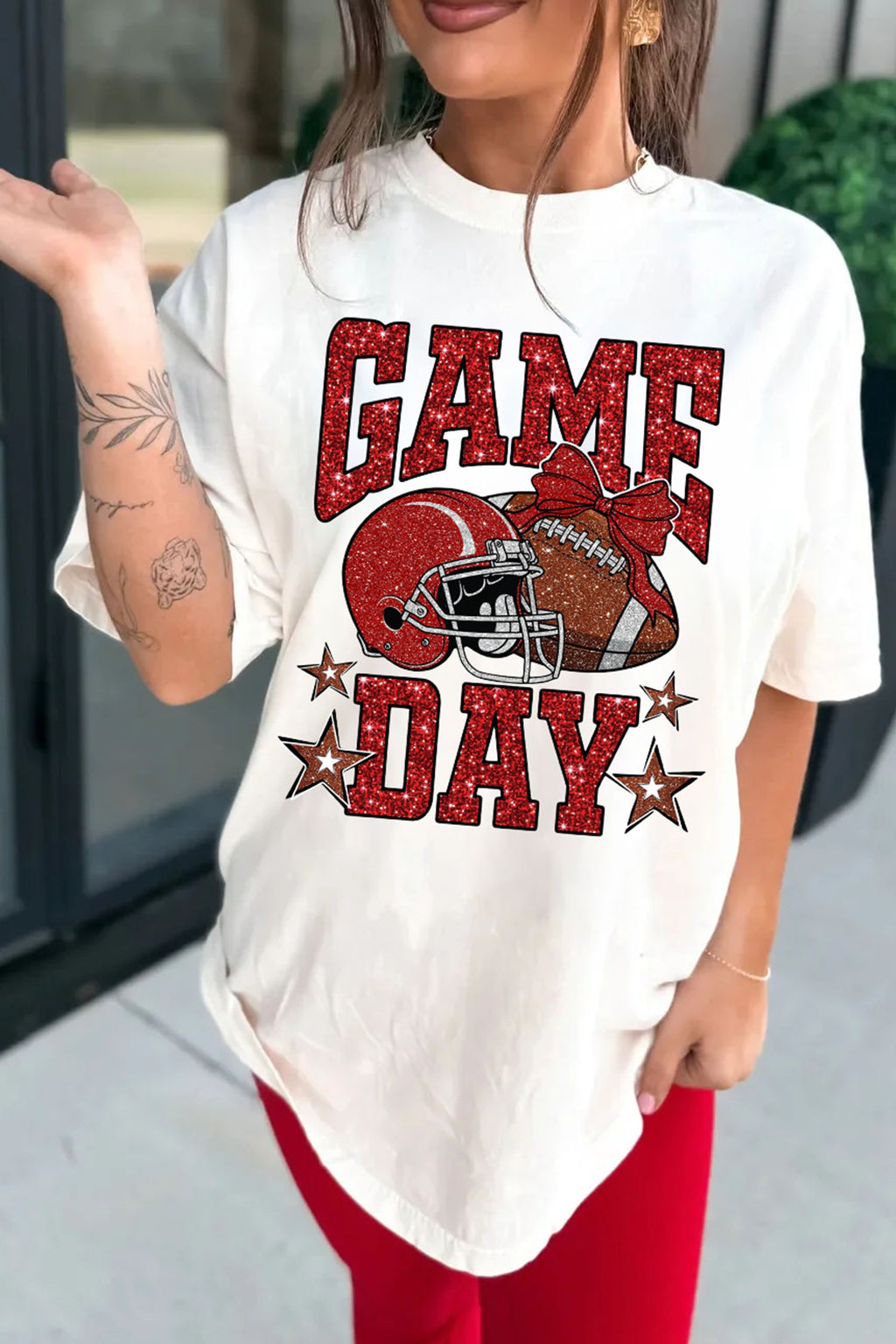 White Glitter GAME DAY Rugby Printed Short Sleeve Casual Tee