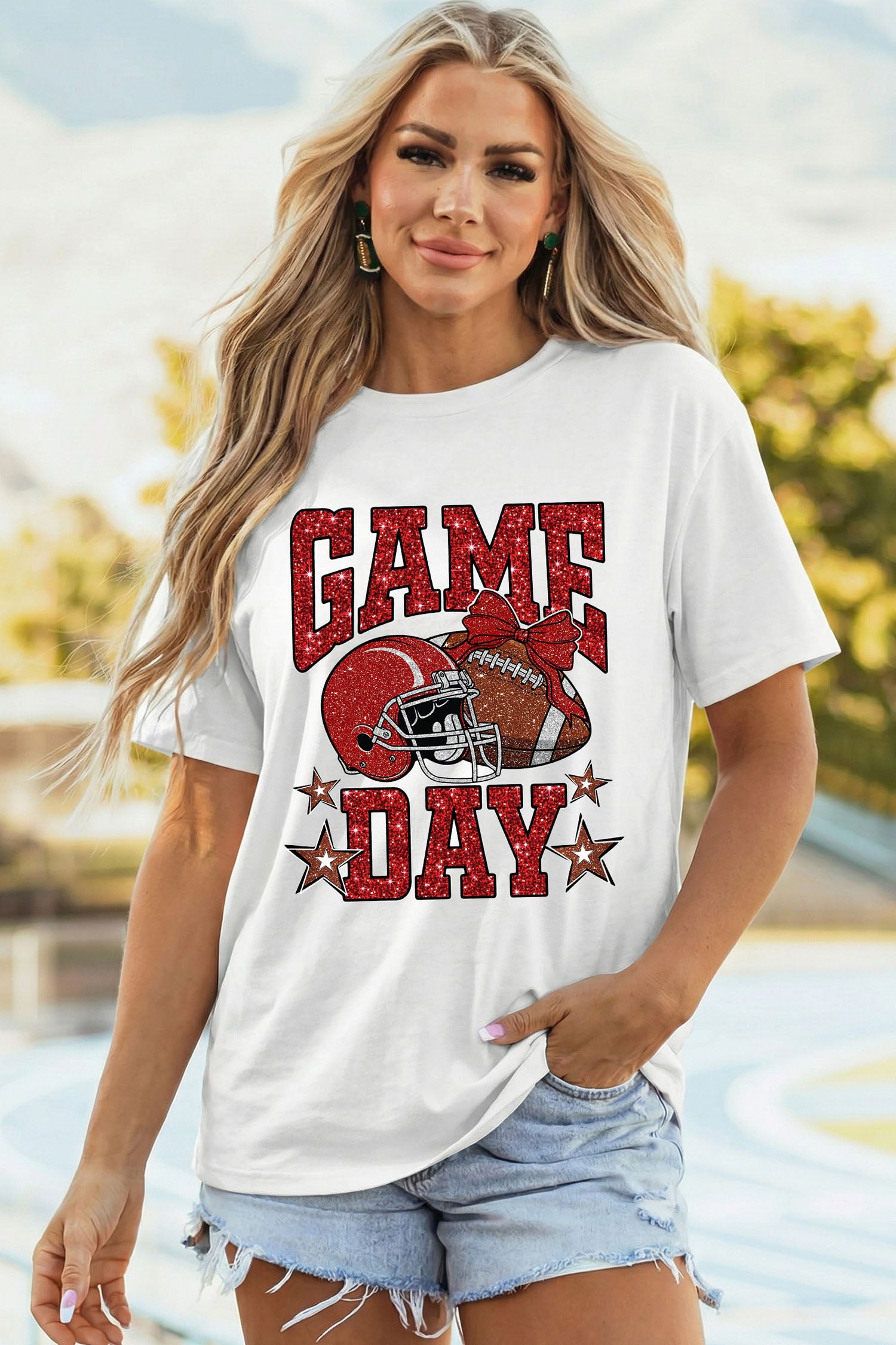 White Glitter GAME DAY Rugby Printed Short Sleeve Casual Tee