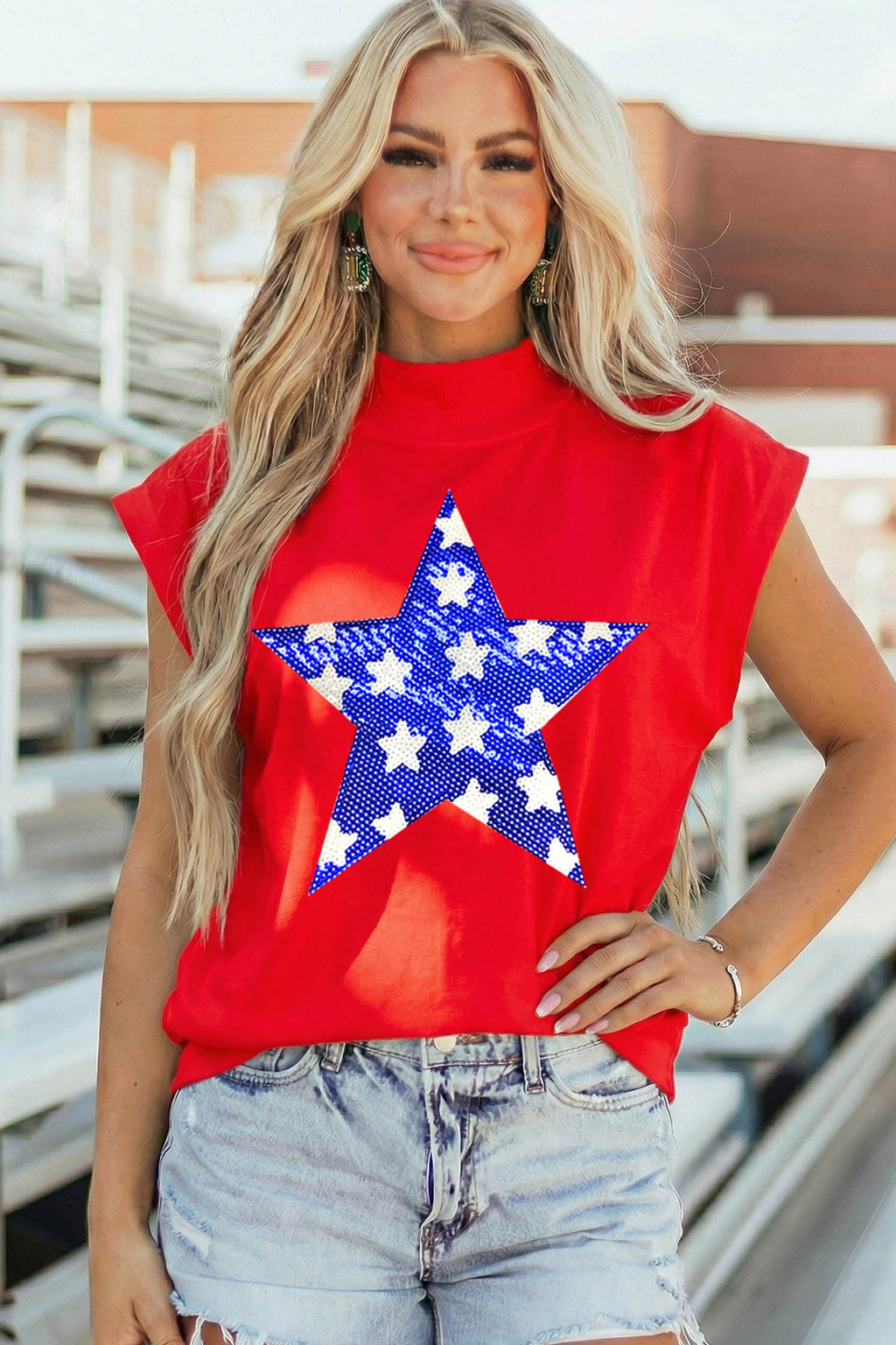 Racing Red High Neck Sleeveless Star Print Casual Shift Tunic Top