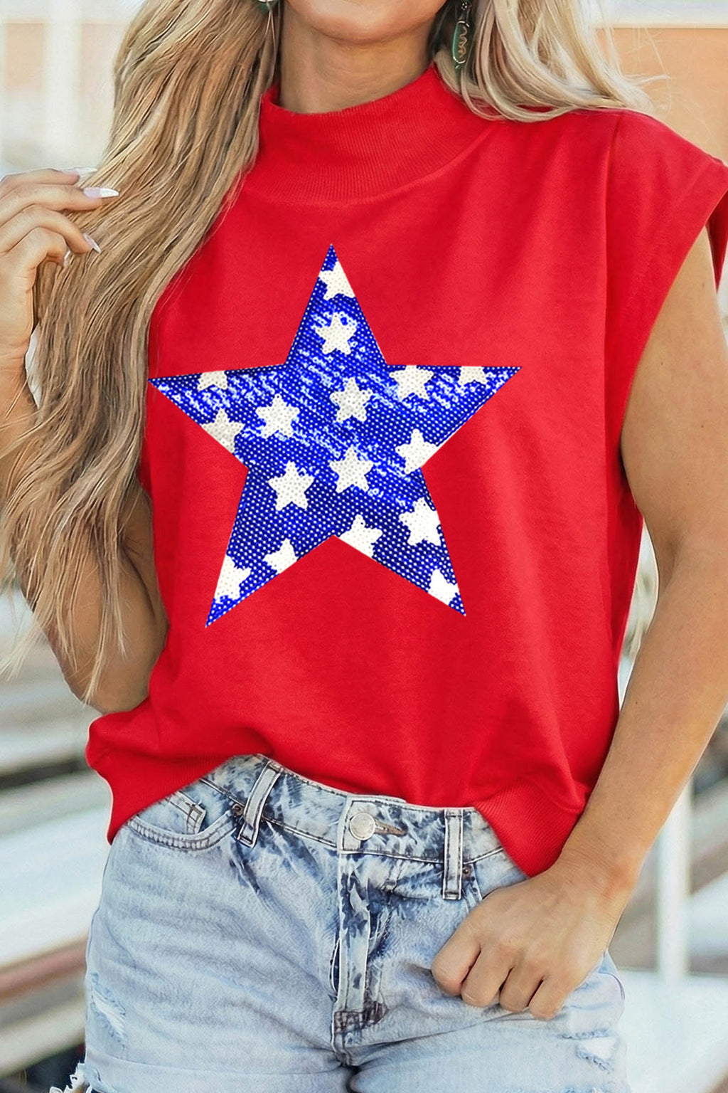 Racing Red High Neck Sleeveless Star Print Casual Shift Tunic Top