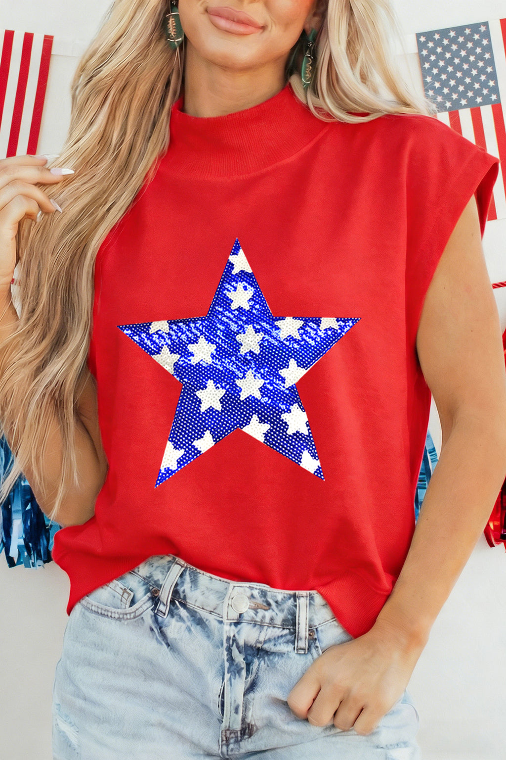Racing Red High Neck Sleeveless Star Print Casual Shift Tunic Top