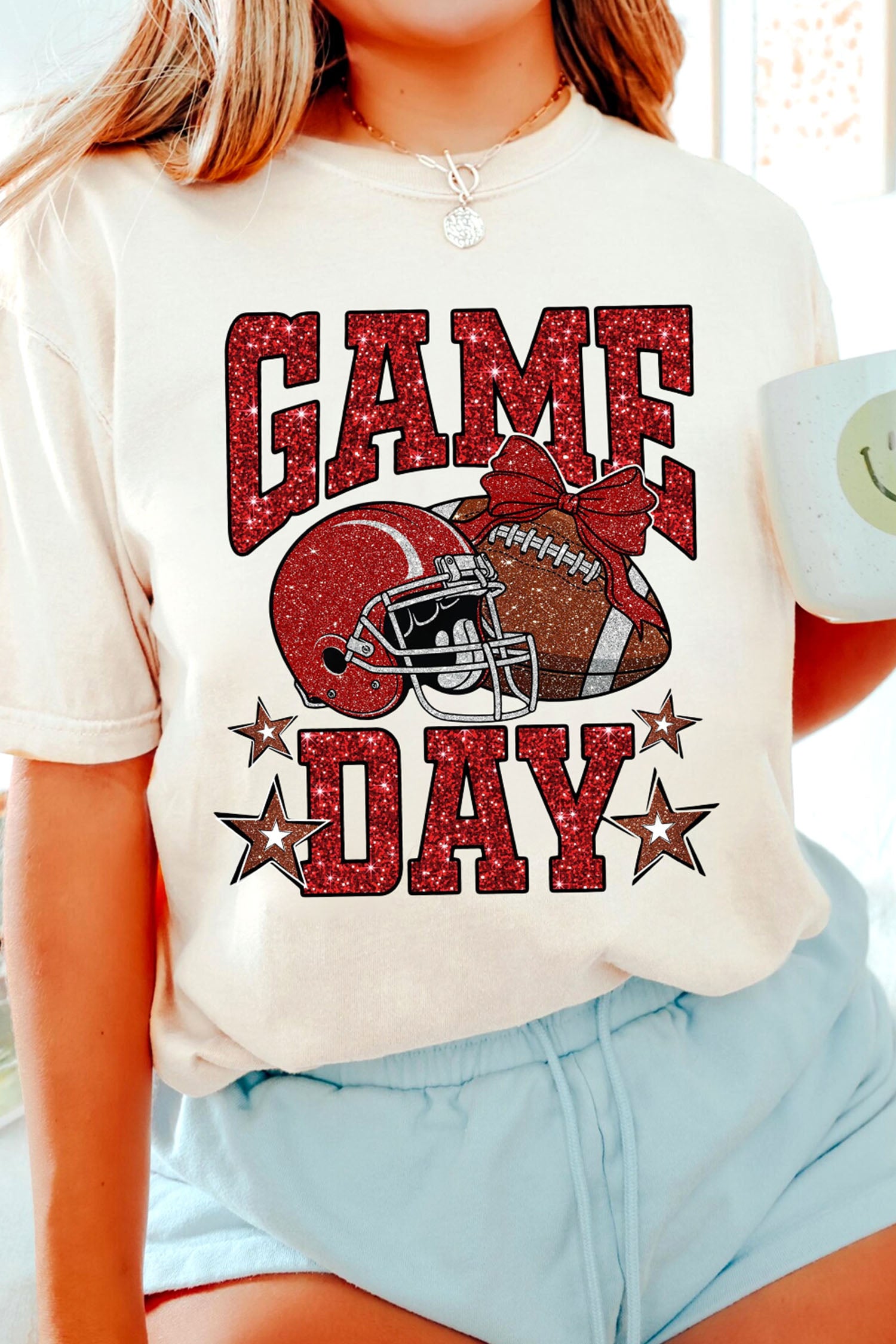 White Glitter GAME DAY Rugby Printed Short Sleeve Casual Tee